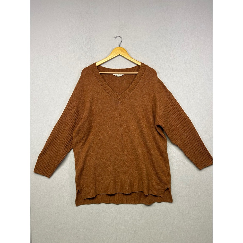 Cozy Earthy Terra & Sky Womens 1X Brown V-Neck Ribbed Sleeve Pullover Sweater
